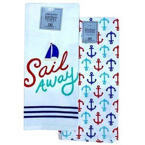 Sail Away Kitchen Towel Embellished Set Coastal Nautical Cotton Set 18 x 28 in